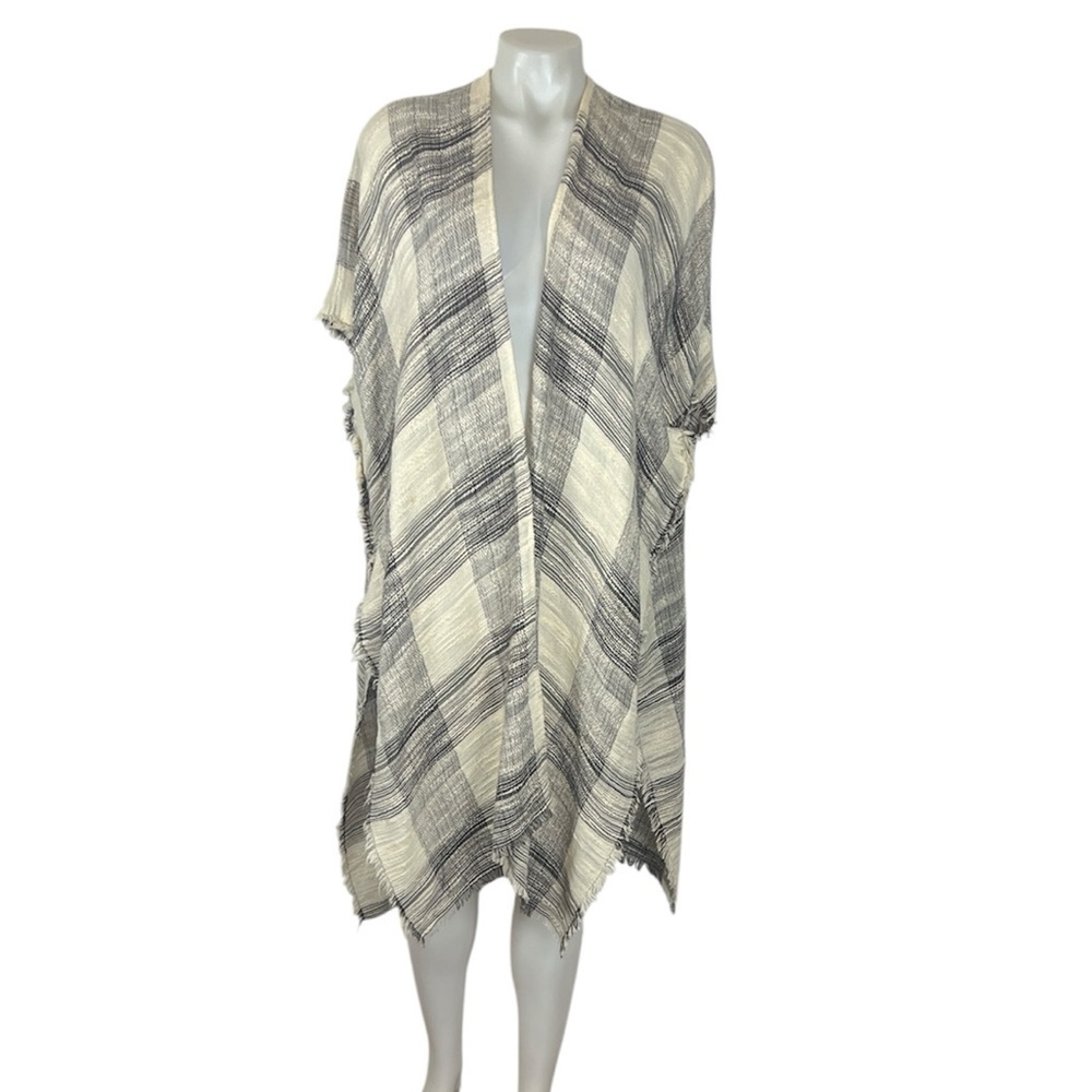 Free People River bend gray cream woven fringe kimono cardigan one size
